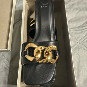 A New Day Black Sandals with Gold Accent Margo Heels
